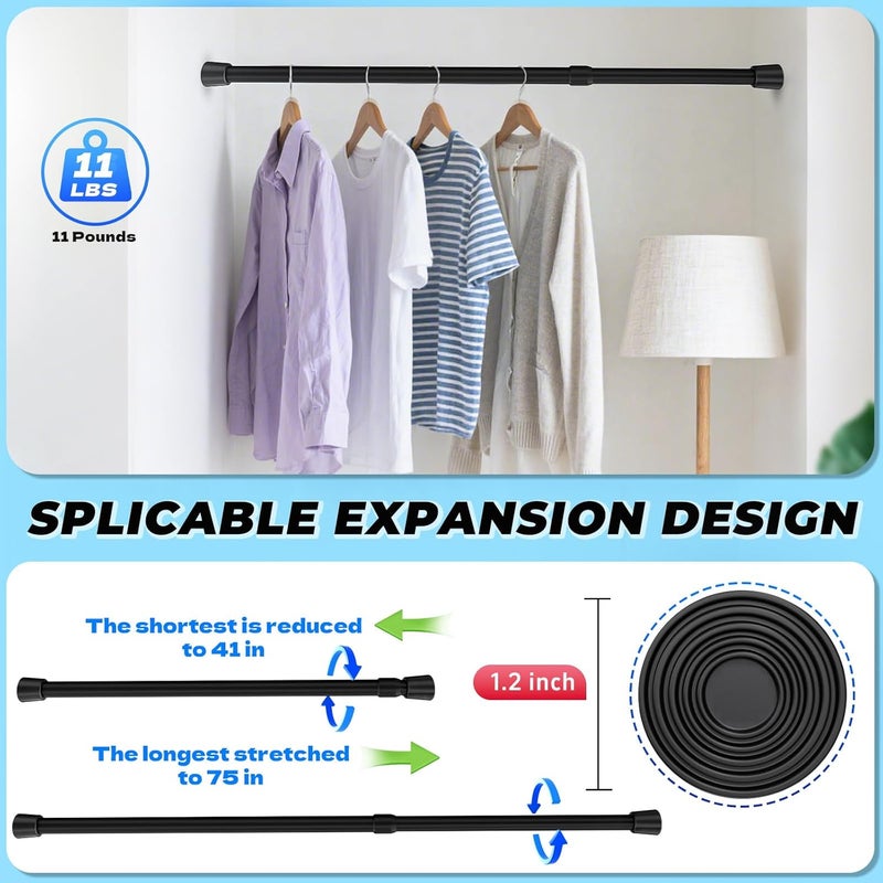 Caserry 2pcs Shower Curtain Rods Adjustable 41-75 Inches, 0.86" Diameter Spring Tension Rod No Drill, Heavy Duty Expandable Rod for Bathroom, Window, Kitchen, Closet, Room Divider, 1.2" Non-Slip Caps, Black - Image 2